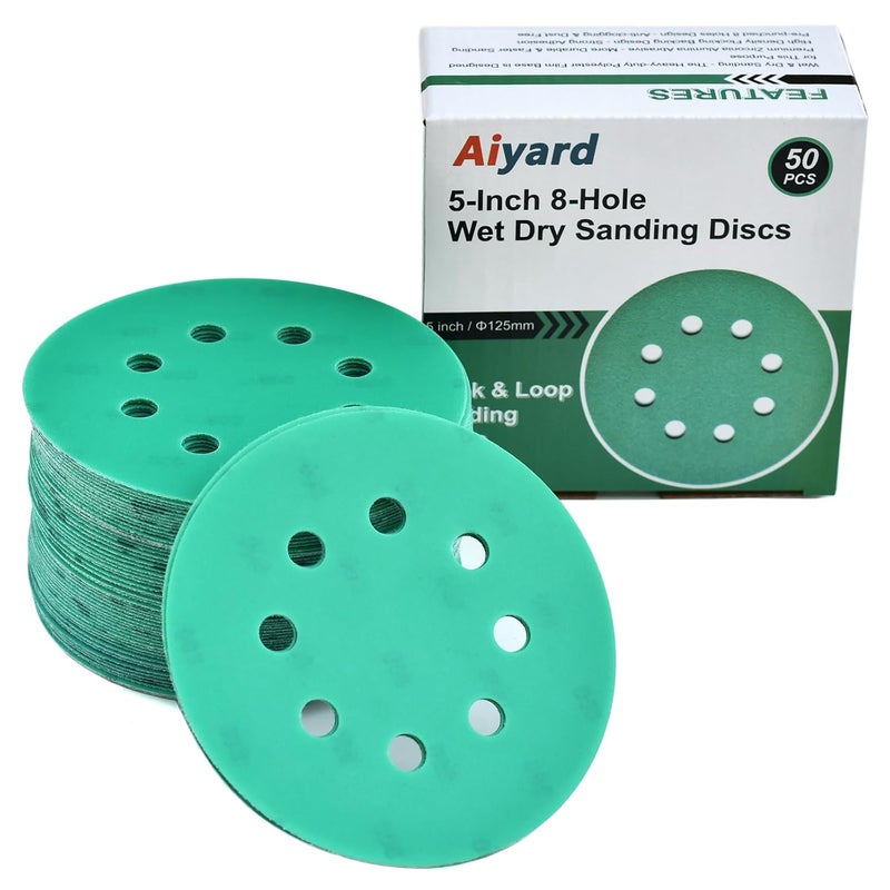 Aiyard 5-Inch 8-Hole Wet Dry Sanding Discs 800 Grit, Polyester Film Backed Heavy-Duty Hook and Loop Sandpaper for Random Orbital Sander, 50-Pack - Image 1